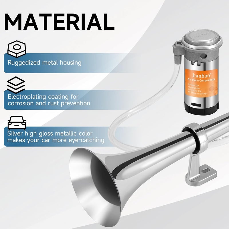 banhao 12V 150db Air Horn, Chrome Zinc Single Trumpet Truck Air Horn with Compressor for Any 12V Vehicles Trucks Lorrys Trains Boats Cars(Chrome horn with button) - Image 4